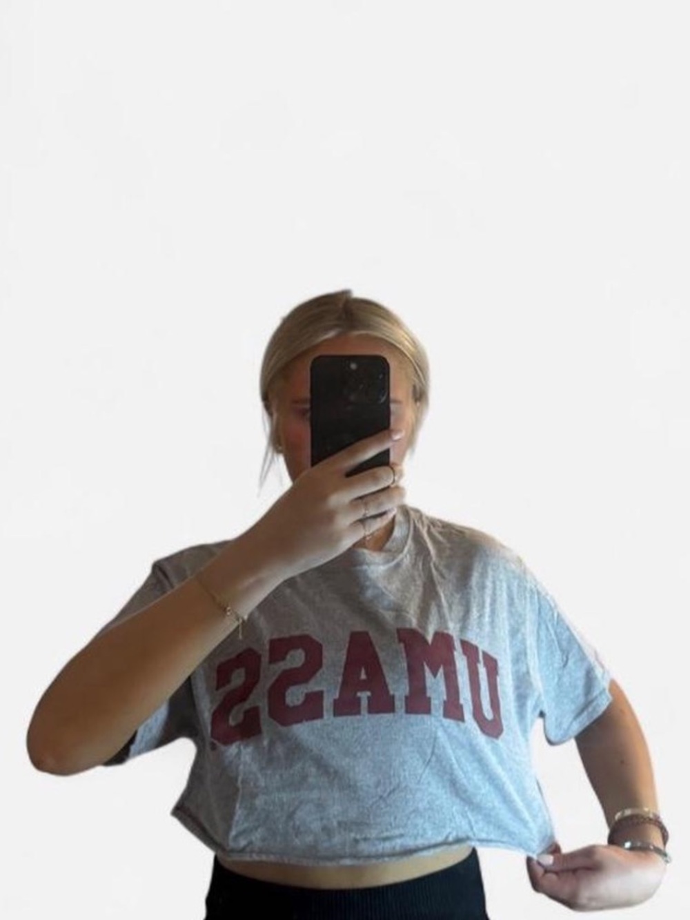 MV Sport Gray Crop Tee with Maroon UMass Logo